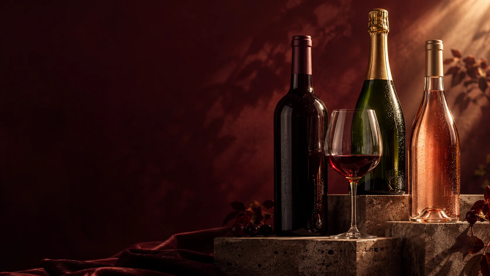 Wine bottles and a glass of red wine on stone plinths in warm golden light