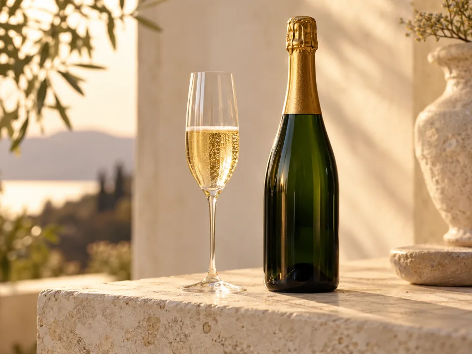 Sparkling wine and a glass of fine bubbles in golden sunlight