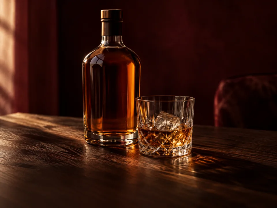 Amber whisky beside a cut-crystal glass on dark wood